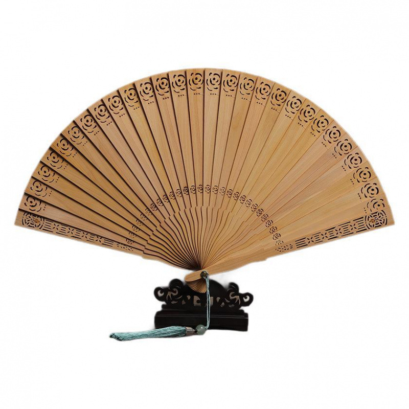 Ventilador de rosa de acantilado de madera sólida agujerada ventilador de seda no genético caja de regalo ornamentos artesanos