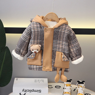 Boys' 2025 New Children's Wear Thickened fleece-lined Fashionable Pocket Bear Western Style All-match Single Piece Set Clothing Plaid Jacket