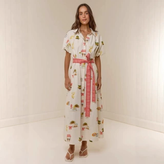 2025新款欧美跨境速卖通独立站花朵亚麻宽松系带衬衣领开衫连衣裙