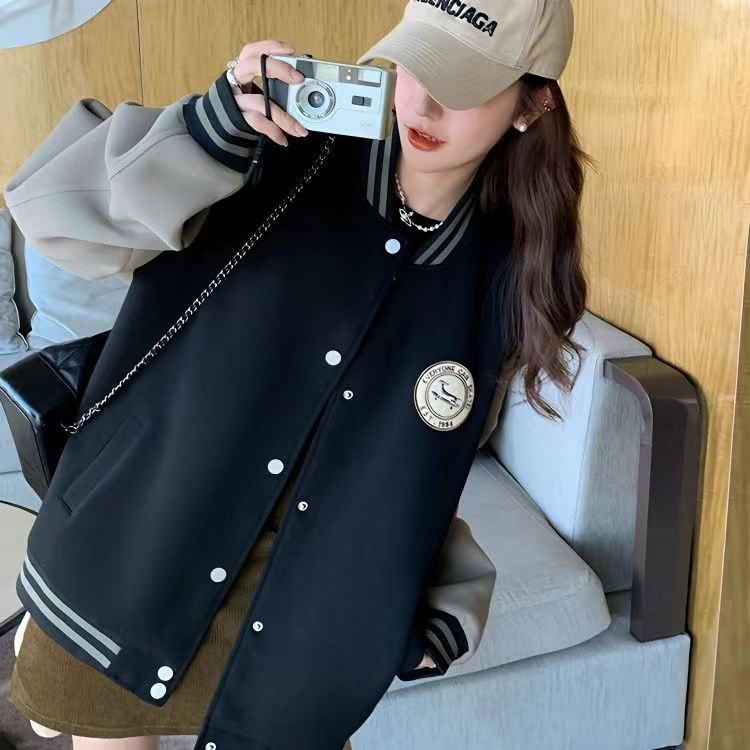 黑色棒球服女2025春秋季新款美式复古学院风宽松vintage夹克外套