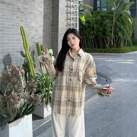 跨境美式复古格子衬衫女早秋新款宽松显瘦百搭防晒外套长袖上衣女