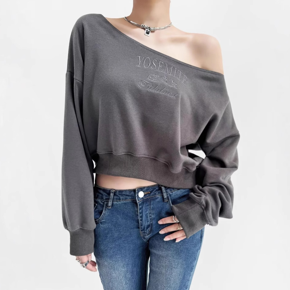 American Style Shoulder Sports Casual Sweat Women's Autumn and Winter New Spice Girl Slack Embroidered Printed Short Top Trendy