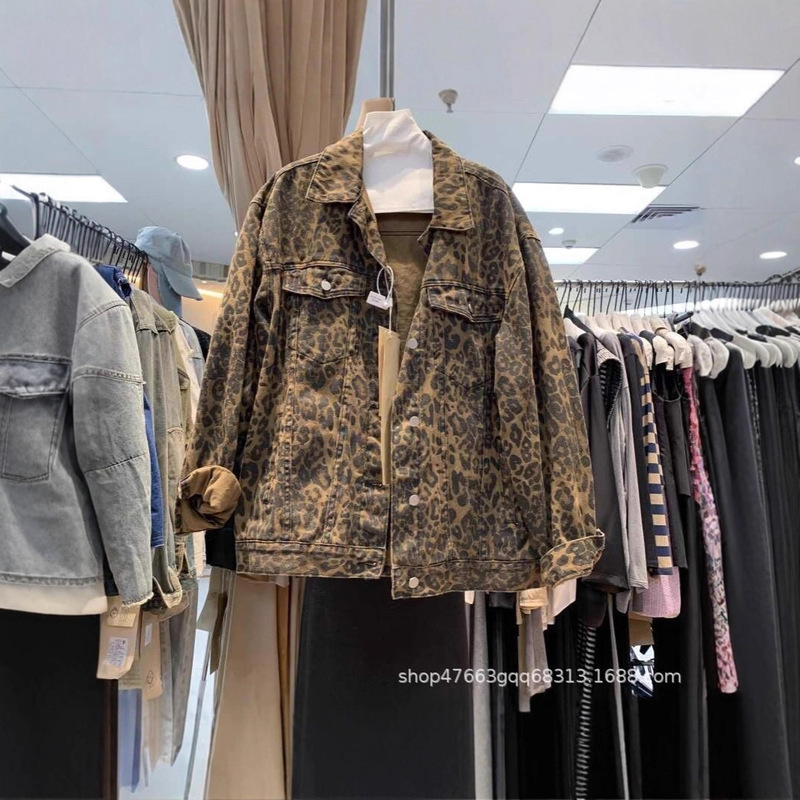 American Trendy Brand Lapel Workwear Leopard Print Casual Jacket Top Spring and Autumn New High-End Loose Denim Jacket for Women