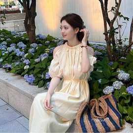 2023新款夏季海边度假白色吊带挂脖露肩连衣裙子女装法式气质长裙