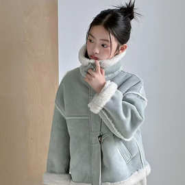 女童秋冬加绒外套童装新款女孩洋气皮毛一体儿童麂皮绒羊羔毛保暖