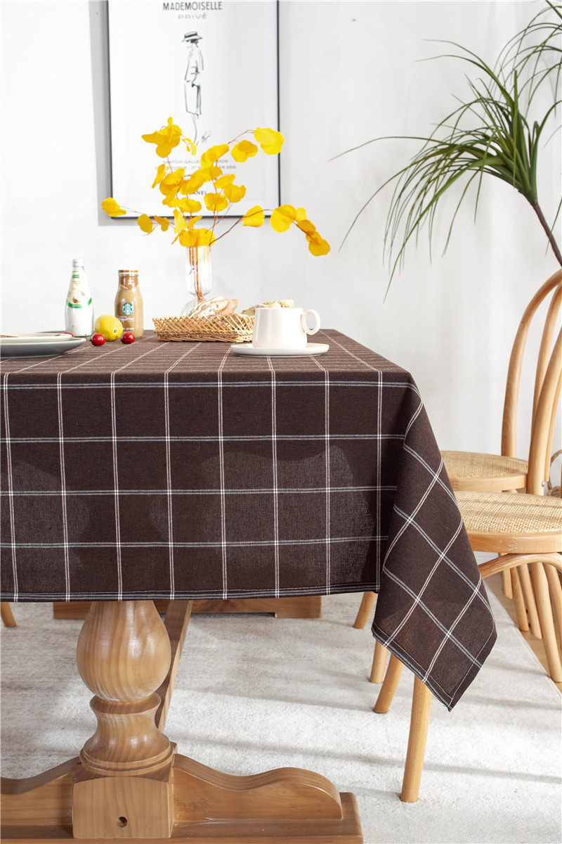 Tovaglia rettangolare geometrica a quadri a doppia linea in cotone-poliestere con bordo arrotolato, ideale per tavoli da pranzo e tavolini da caffè._voghion.com