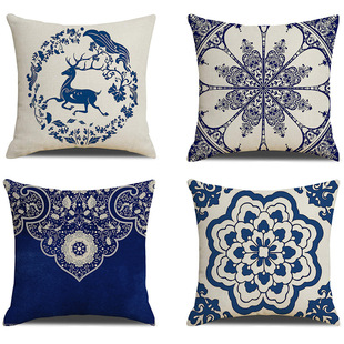Guofeng Classical Blue and White Porcelain Pattern Pillow Case Bedroom Sofa Deer Printed Linen Cushion Cover Car Pillow Case