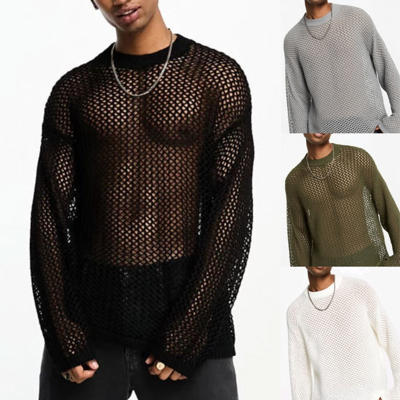 Men's mesh sun protection clothing long sleeve drop shoulder transparent T-shirt woven top hollow knitted heavy T-shirt bottoming shirt men Men's mesh sun protection clothing long sleeve drop shoulder transparent T-shirt woven top hollow knitted heavy T-shirt bottoming shirt men