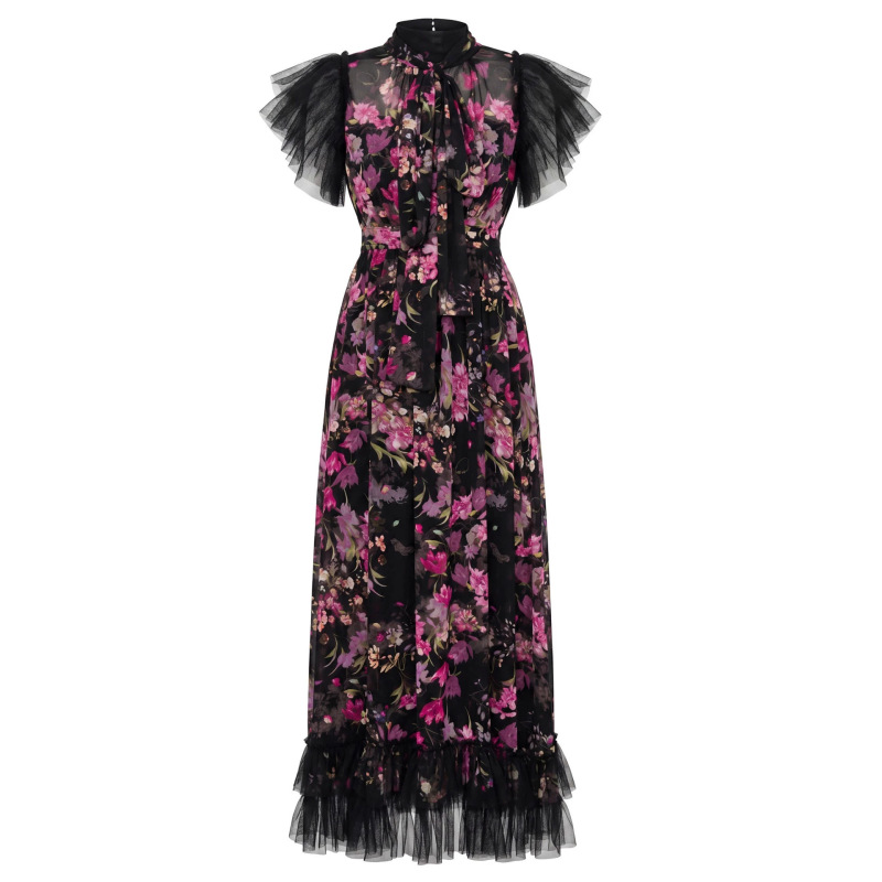 Tie-neck mesh ruffle short-sleeve elastic waist printed long princess-style dress 2026 summer new