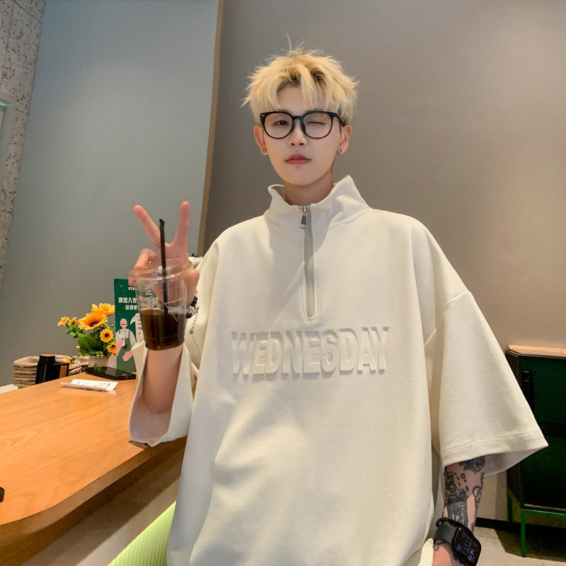 반 높이 칼라 지퍼 스틸 씰 패션 브랜드 미국 반팔 티셔츠 남성 여름 디자인 센스 니쉬 수직 칼라 무거운 반소매 티셔츠