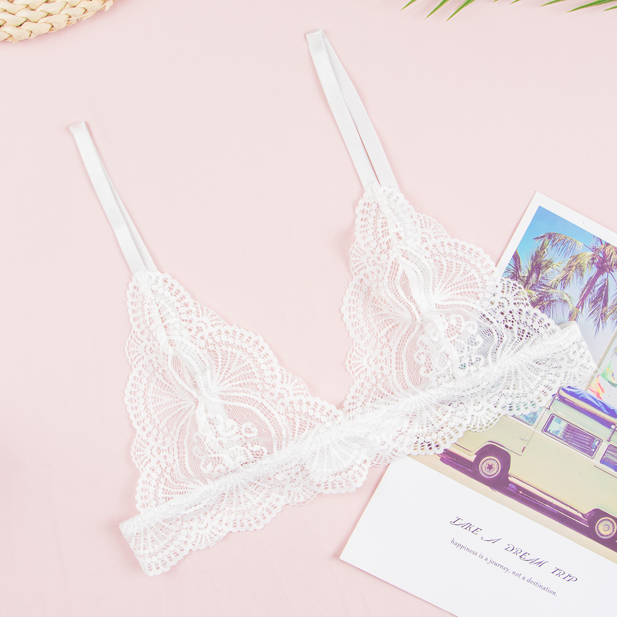 Copa triangular de comercio exterior europeo y americano correa francesa lencería sexy nuevo producto femenino encaje puro encaje transpirable hermoso sujetador trasero