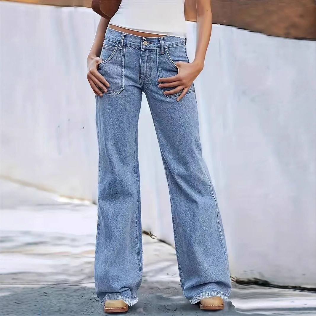 Jeans de pierna ancha para mujer de mezclilla de algodón con bolsillos grandes image 4