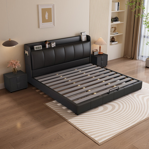 Italian light luxury leather bed, modern and simple master bedroom bed, small apartment wedding bed, Nordic storage minimalist leather bed
