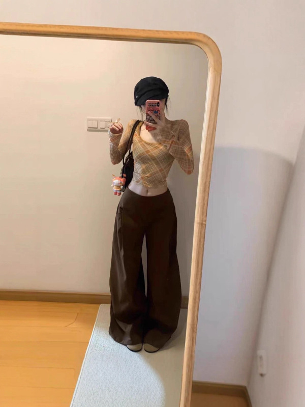 复古格纹u领中袖正肩T恤女秋季小个子修身收腰打底衫辣妹短款上衣|undefined