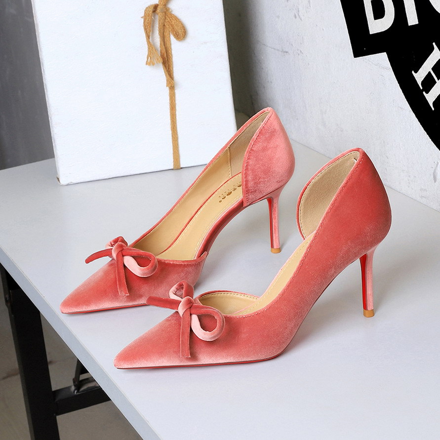 9269-AH135 European and American style sexy red sole thin heel side empty high heels women's bow pointed banquet single shoes women
