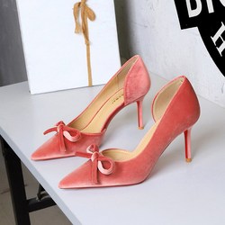 9269-AH135 European and American style sexy red sole thin heel side empty high heels women's bow pointed banquet single shoes women