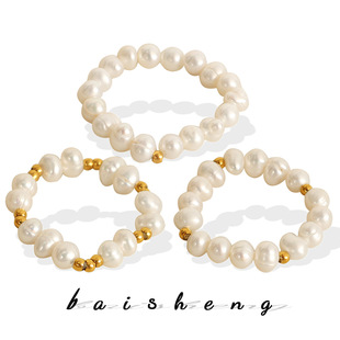 Cross-border new simple and versatile ins style freshwater pearl ring natural freshwater pearl elastic ring