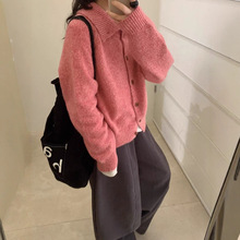 兔毛混纺混色花线高领纽扣开衫毛衣外套女秋冬新款宽松外搭针织衫