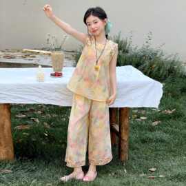 女童国风套装夏季2026新款洋气新中式印花上衣阔腿裤儿童夏装两件