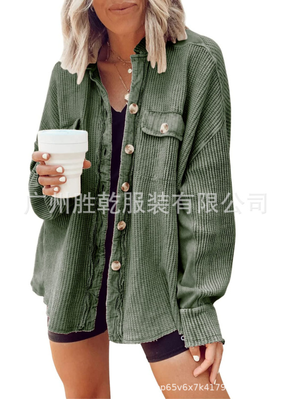 2025欧美跨境外贸秋冬拼接针织开衫外套女时尚休闲小立领口袋华夫|undefined