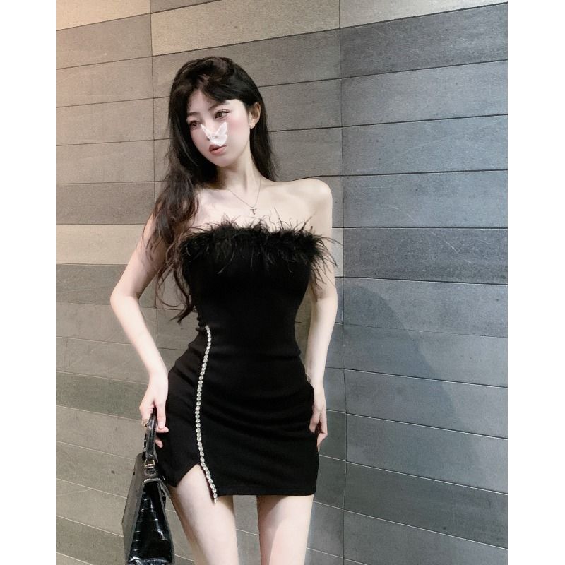 French High-End Birthday Party Dress, Little Mom Tube Top Dress, Women's Waist-Cinching Sweet and Spicy Feather Hip-Covering Short Skirt