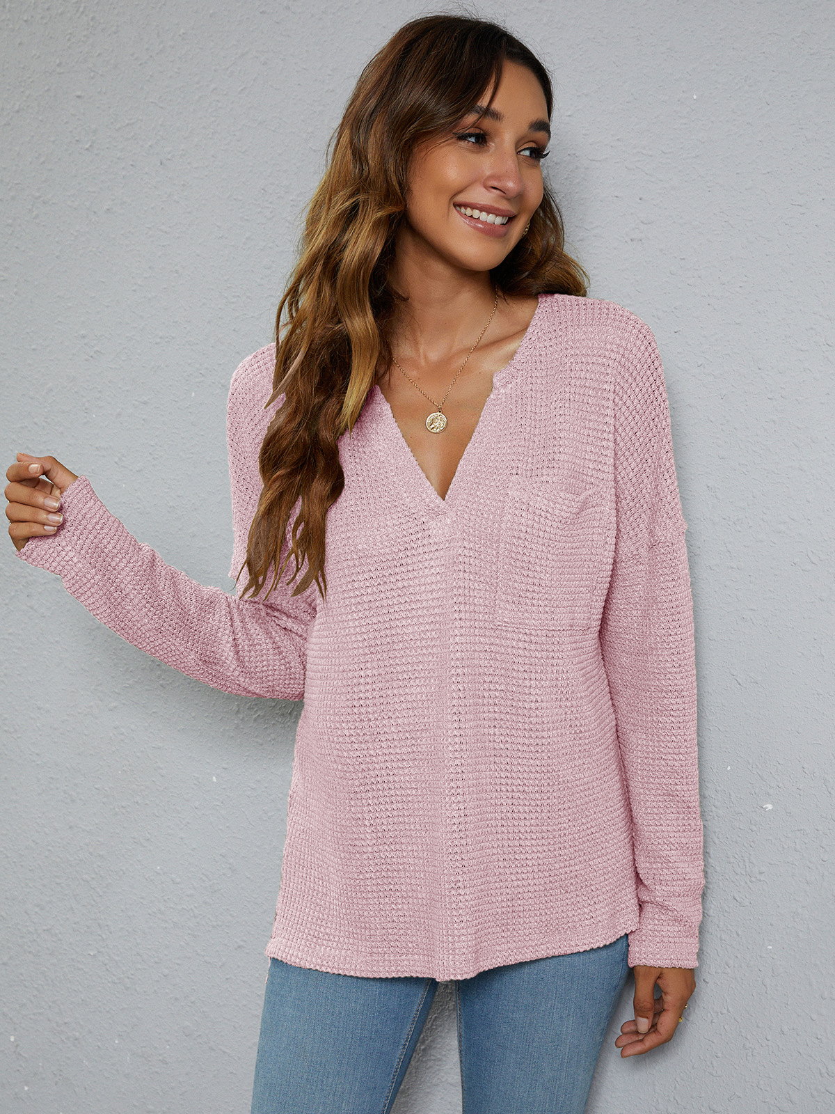 Damen Herbst und Winter neuer Damen-Pullover mit Schlitz vorne, kurzer Rückseite, lang, lässig, V-Ausschnitt, Tasche, langärmelig_voghion.com