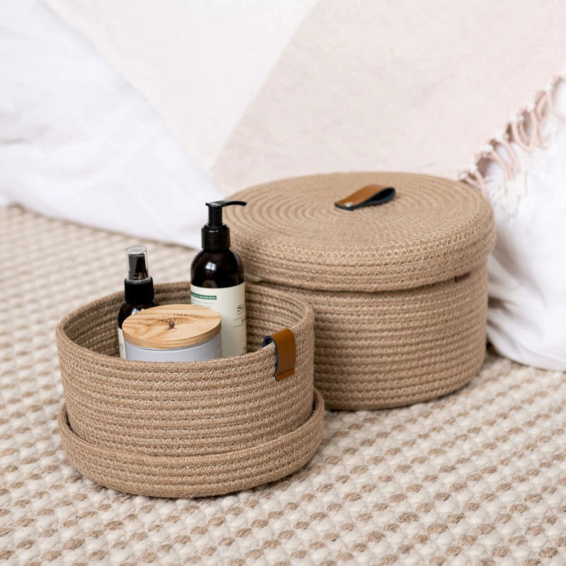 Cross-Border Cotton Rope Woven Storage Basket Coffee Table Desktop with Lid Sundry Storage Basket Desktop Cosmetics Storage Basket