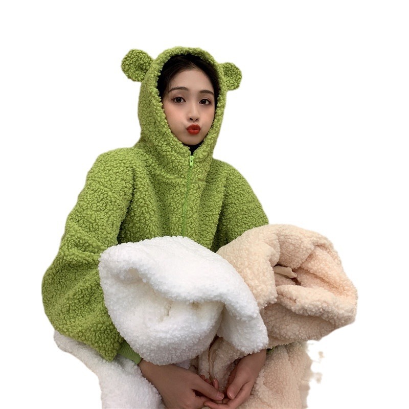 Orejas de oso con capucha lana cordero engrosada Otoño Nuevo suéter lindo Las Mujeres Pequeño abrigo estilo la universidad superior
