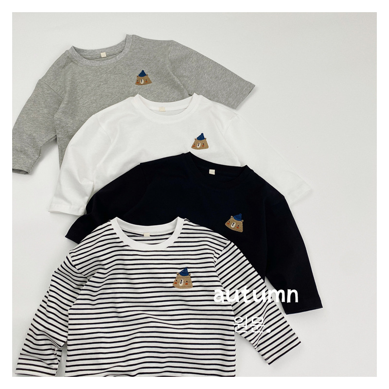 Children's Long-Sleeve T-Shirt Autumn New Korean Version Cartoon Embroidery Striped Base Shirt Solid Color Versatile Top for Boys and Girls