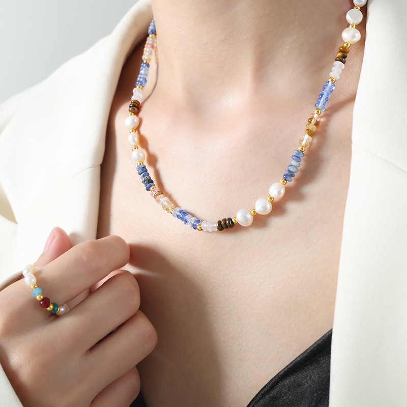 Cuentas de piedra natural perlas agua dulce hecho a mano collar acero titanio versátil personalidad colorido dulce chica temperamento joyería para las mujeres
