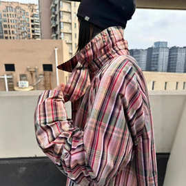 灯芯绒领拼接色织彩色条纹格纹女款秋冬中长风衣外套