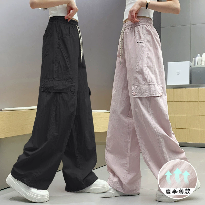 Брюки-карго для девочек, летние тонкие, 2025, новый стиль, средние и большие детские прямые брюки, детские брюки с защитой от комаров, модные широкие брюки для девочек