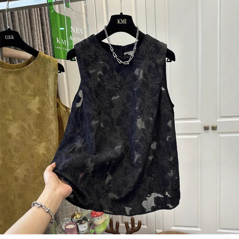 New Chinese Style Yellow Round Neck Jacquard Embroidered Vest Shirt for Women 2025 Summer New Loose Sleeveless Waistcoat Top