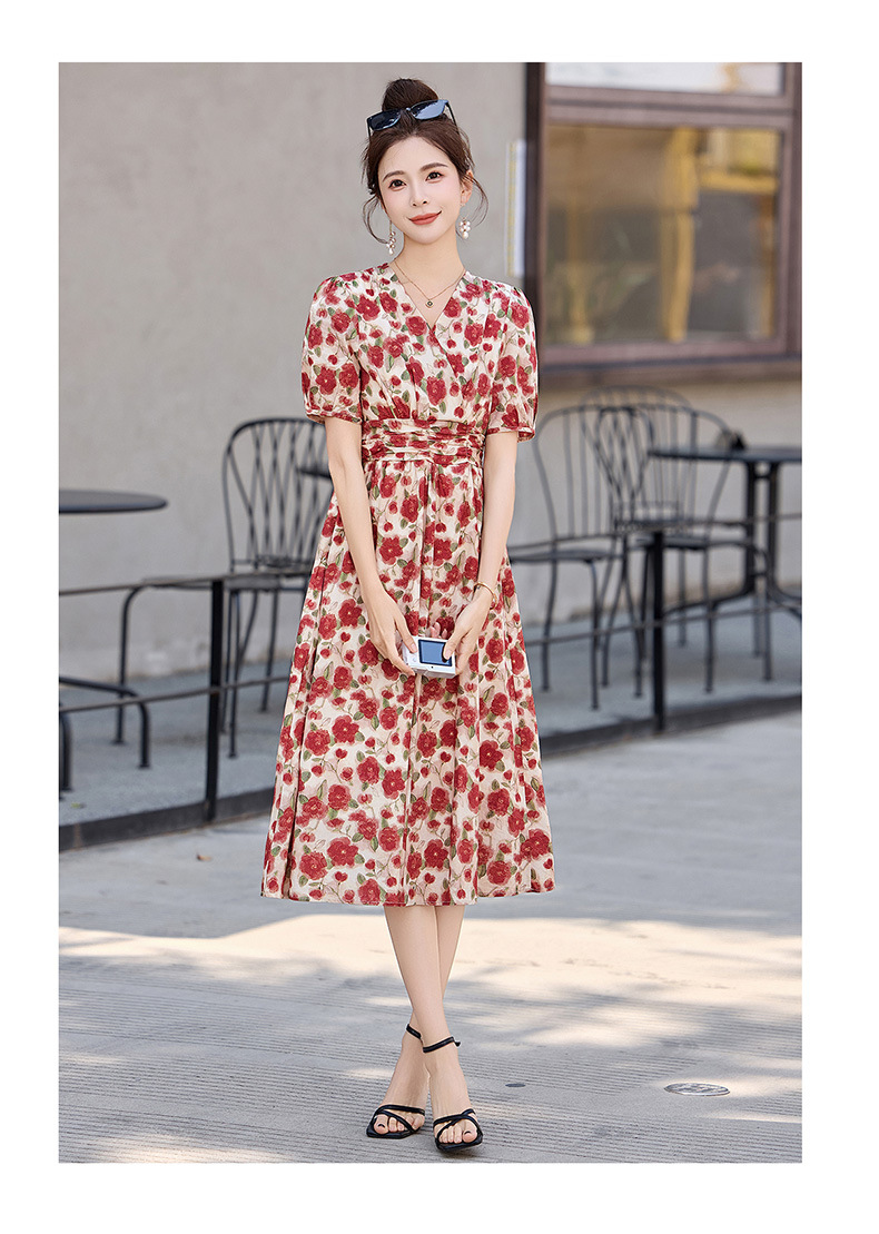 Đầm maxi nữ thắt eo cổ V in họa tiết thanh lịch — màu đỏ chi tiết 15