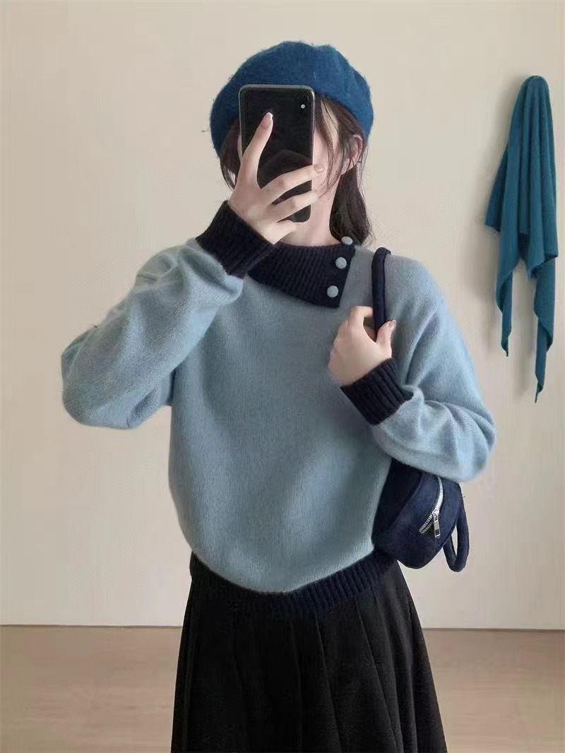 Suéter suelto de polvo de frambuesa glutinosa suave empalmado, mujer otoño-invierno coreano con collar de punto con una gorra elegante