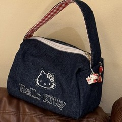 ins かわいい新しい刺繍キティデニム通勤バッグポータブル収納外出大容量コントラストカラーハンドバッグ