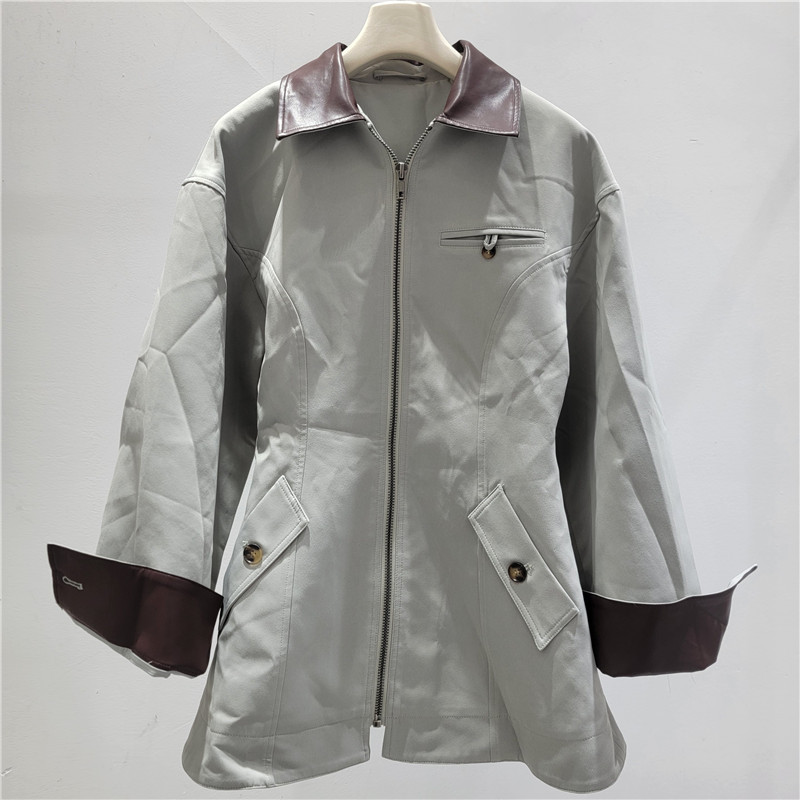 2026 primavera manga larga pu cuello de empalme cintura traje de vuelo chaqueta de viento chaqueta con cremallera delgada
