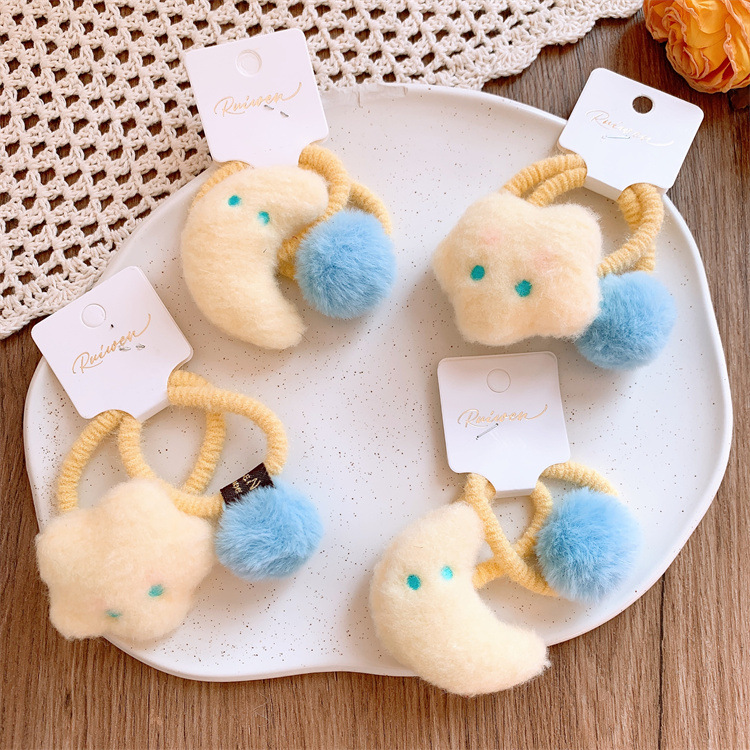 秋冬新款兒童可愛奶黃星星月亮毛球發圈甜美少女扎發頭繩馬尾發繩