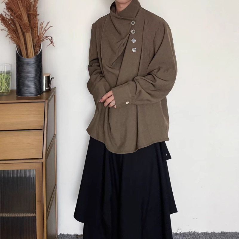 山本耀司春夏设计感小众衬衣男女同款立领暗黑风不规则高级感衬衫|undefined