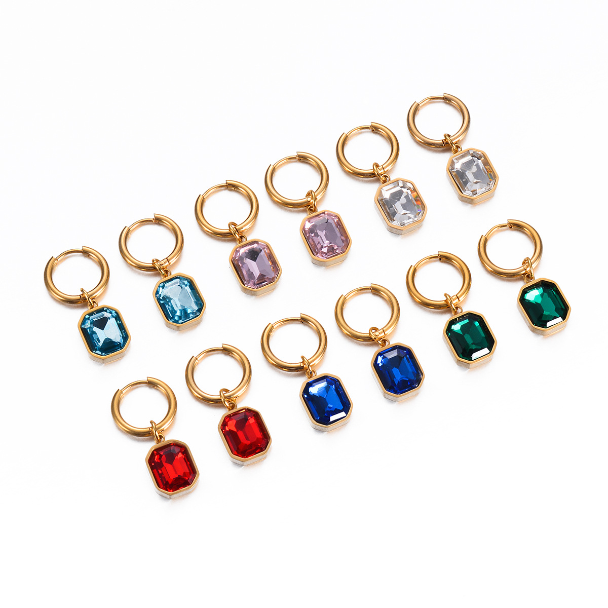 18K Real Gold Plated Plating Material Glass Inlay Material 1 Pair Simple Style Square Plating Inlay Stainless Steel Glass Drop Earrings