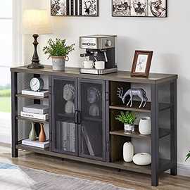 工业酒柜酒具和杯子农舍木质咖啡吧柜带酒架金属侧板自助柜55英寸