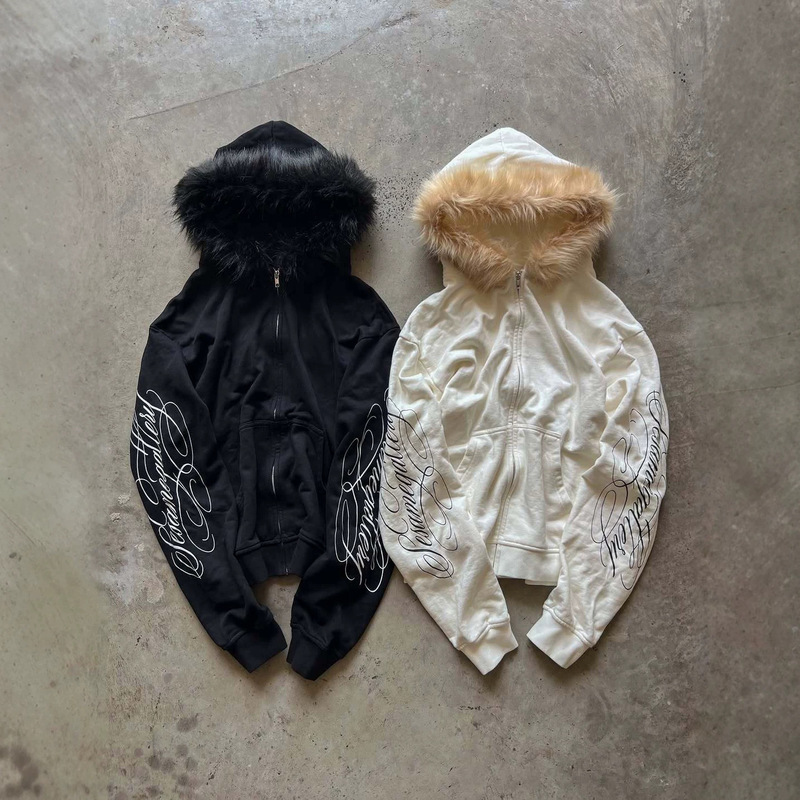 American Retro Y2K Sweet-Cool Hot Girl Style Fur Collar Hooded Zipper Sweatshirt with Letter Print Solid Color Vintage Top
