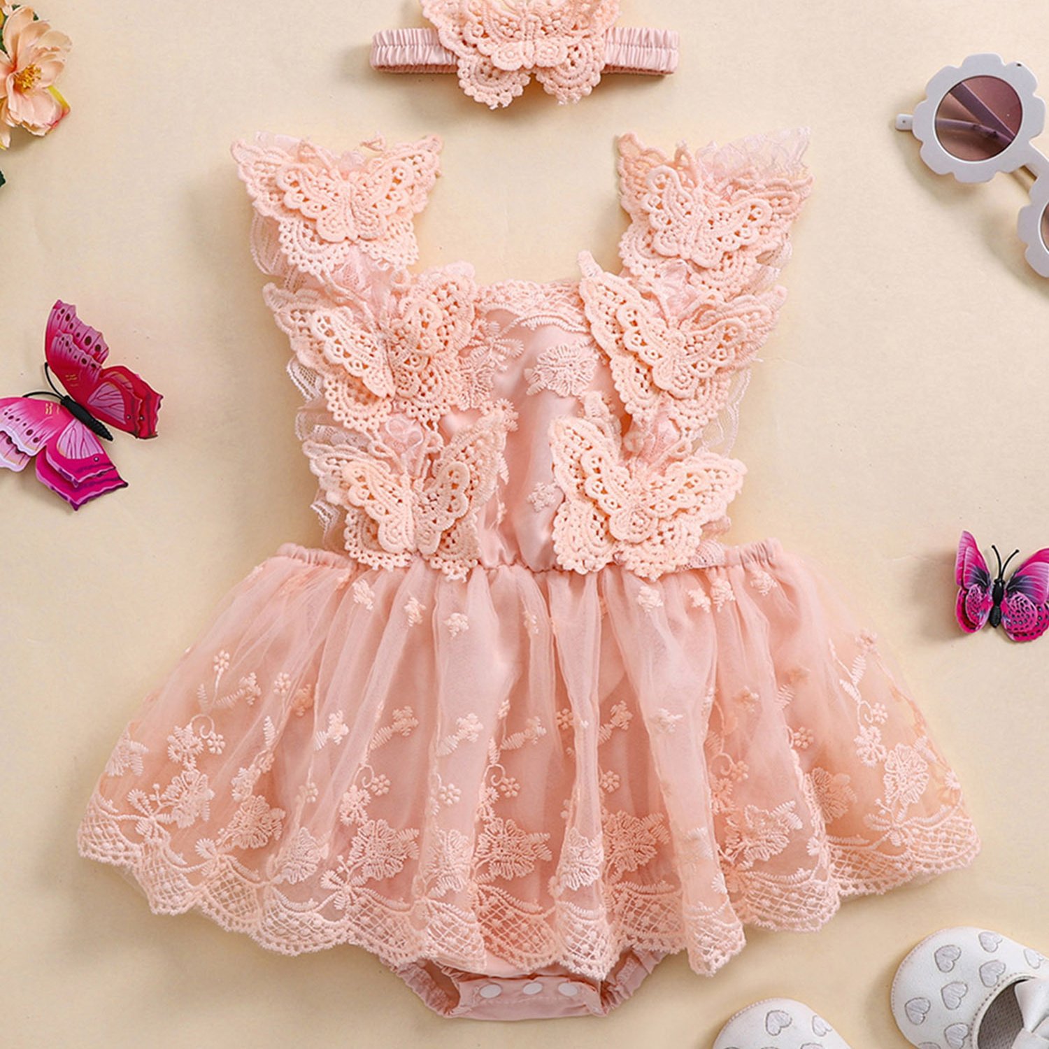 0.0 78.74ft Baby Girls Rompers Dress Lace Butterfly Fly Transfronterizo