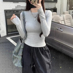 秋冬女装纯色正肩长袖T恤女修身显瘦打底衫内搭外穿通勤百搭上衣