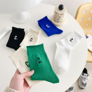 Socks Women's Spring South Korea Large C Mid-tube Women's Socks Cotton Socks Spring Cotton Fashionable Socks Korean Style All-match Couple's Stockings Ins