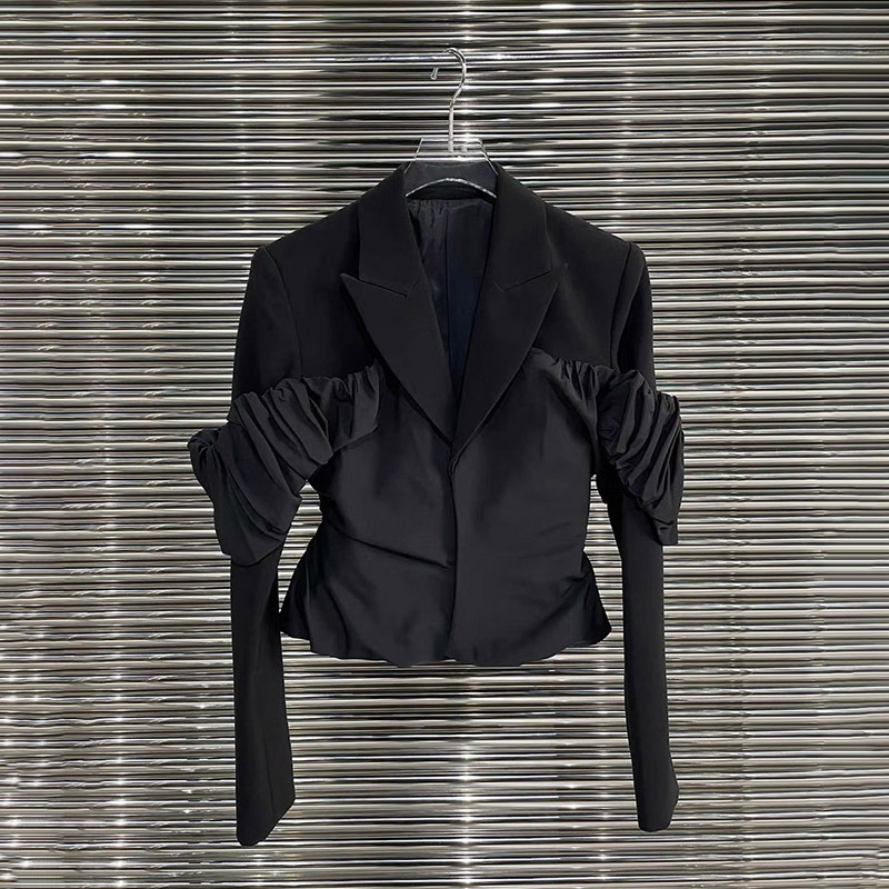 In-Stock Niche Design Color-Block Pleated Slim-Fit Faux Two-Piece Blazer Chic Fashion Suit Top