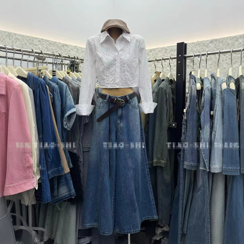 美式复古设计感宽松垂坠感磨白阔腿牛仔裤+时尚翻领短衬衣套装|undefined