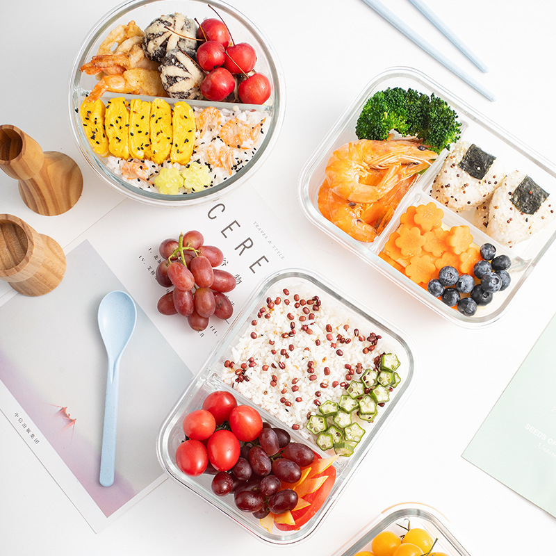 Caja de almacenamiento de vidrio calentado por microondas con caja de bento, caja de almuerzo de vidrio de alto silicio, divisor de vidrio, tazón de almacenamiento de vidrio