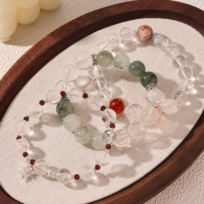 Nuevo estilo chino estrella de goma roja flor granada cristal blanco cristal verde de piedra natural pulsera de cuentas pulsera mujer
