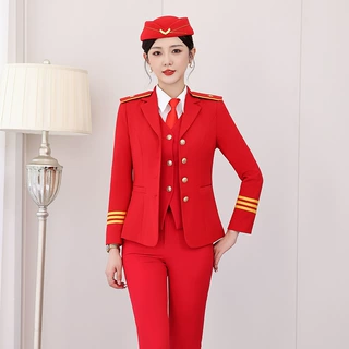 大红色军乐队服装演出服新款套装婚庆锣鼓队打军鼓服空姐城轨制服